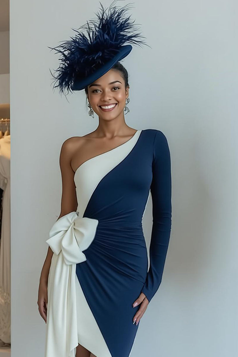 Load image into Gallery viewer, Black and White One Shoulder Midi Mother of the Bride Dress with Bow