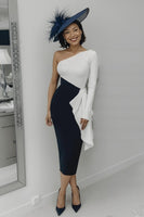 Load image into Gallery viewer, Black and White Sheath One Shoulder Midi Mother of the Bride Dress with Ruffles
