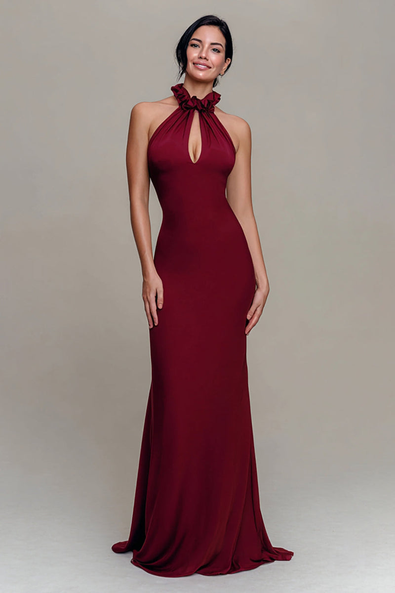 Load image into Gallery viewer, Burgundy Mermaid High Neck Backless Long Formal Dress