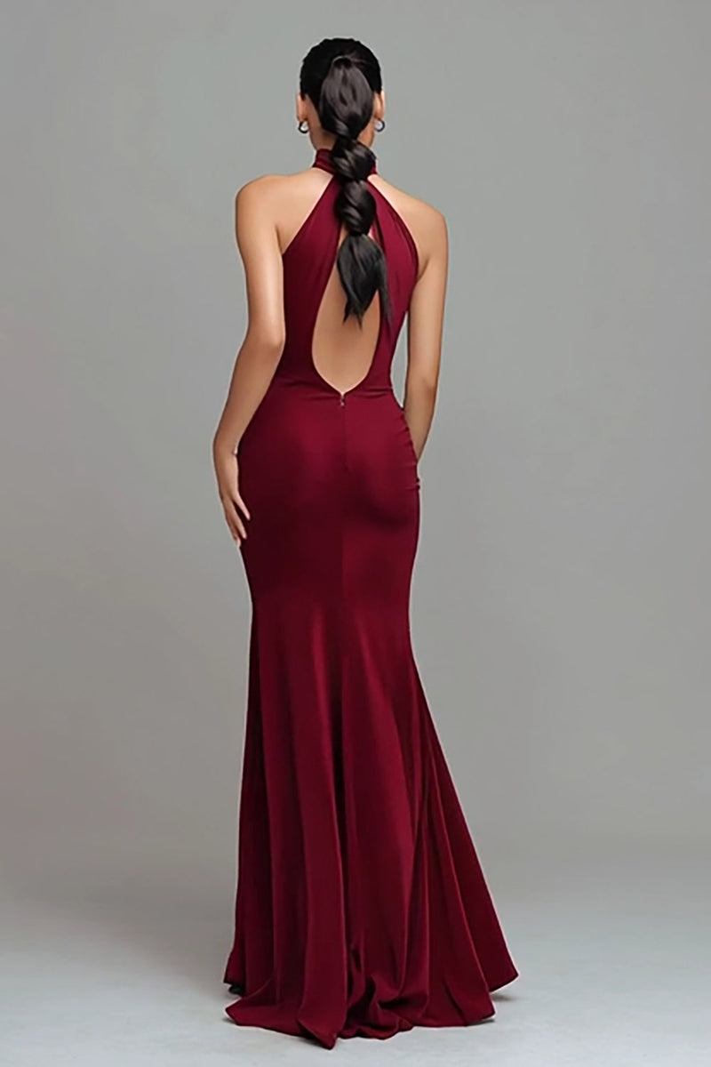 Load image into Gallery viewer, Burgundy Mermaid High Neck Backless Long Formal Dress