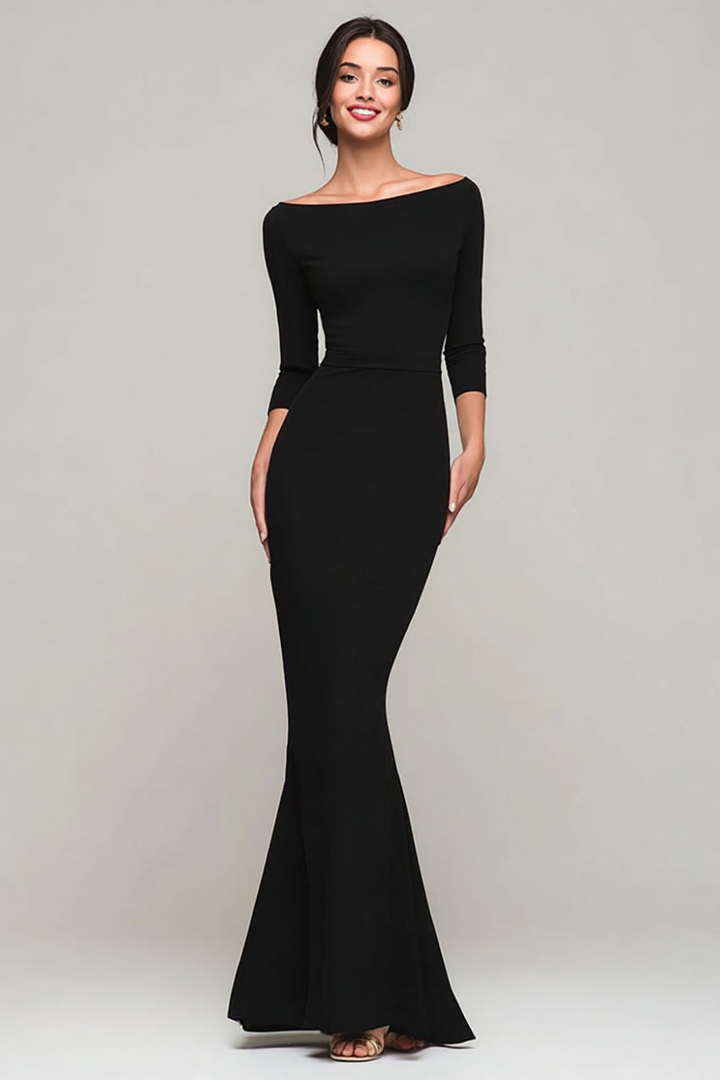 Load image into Gallery viewer, Elegant Black Mermaid Boat Neck Long Formal Dress with Sleeves