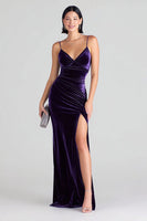 Load image into Gallery viewer, Purple Velvet Mermaid Spaghetti Straps Ruched Long Holiday Party Dress with Slit