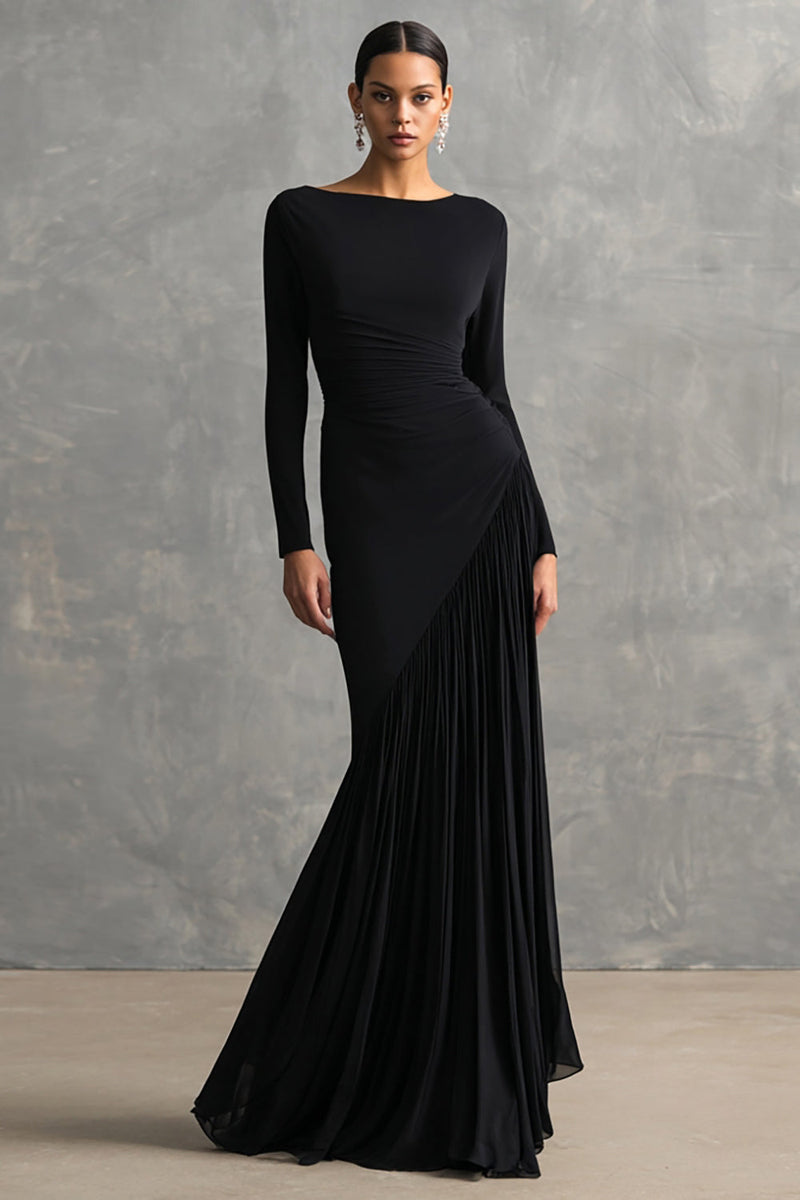Load image into Gallery viewer, Black Chiffon Mermaid Boat Neck Long Sleeves Formal Dress