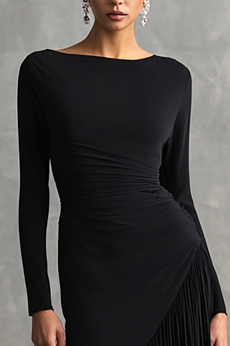 Load image into Gallery viewer, Black Chiffon Mermaid Boat Neck Long Sleeves Formal Dress