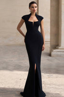 Load image into Gallery viewer, Black Square Neck Mermaid Cap Sleeves Long Formal Dress with Slit