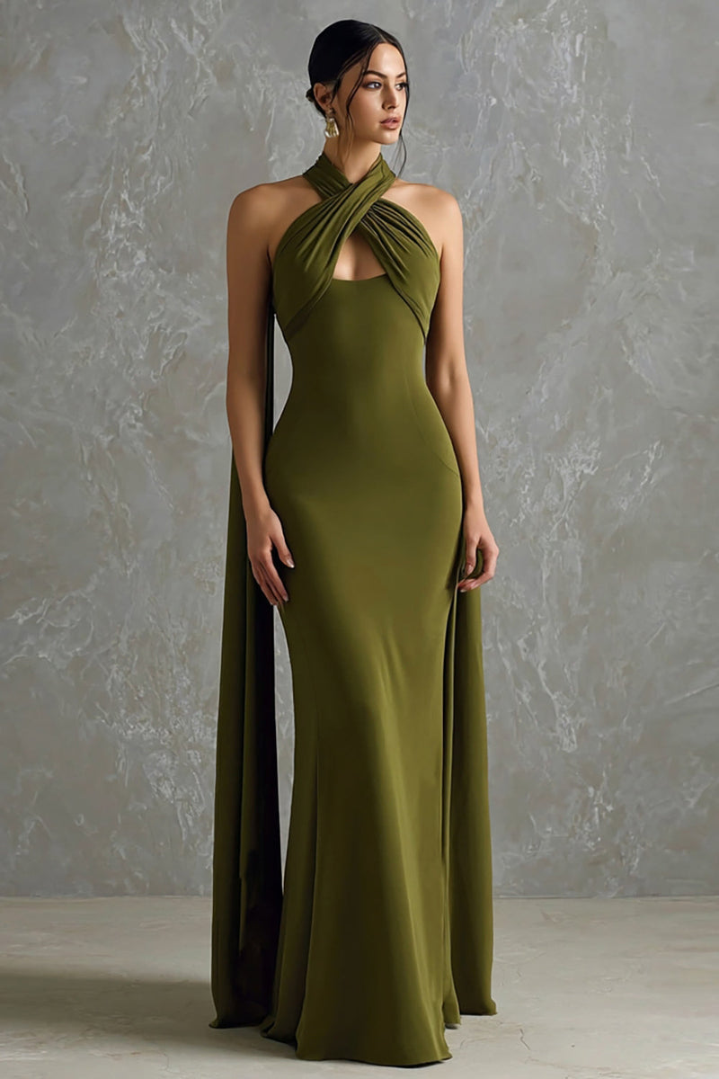 Load image into Gallery viewer, Olive Green Mermaid Chiffon Halter Neck Scarf Long Formal Dress