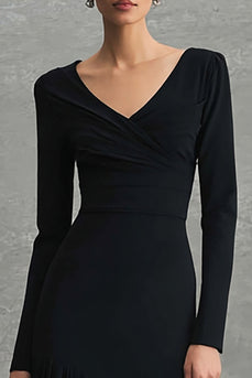 Black Chiffon Mermaid V-Neck Pleated Long Sleeves Formal Dress