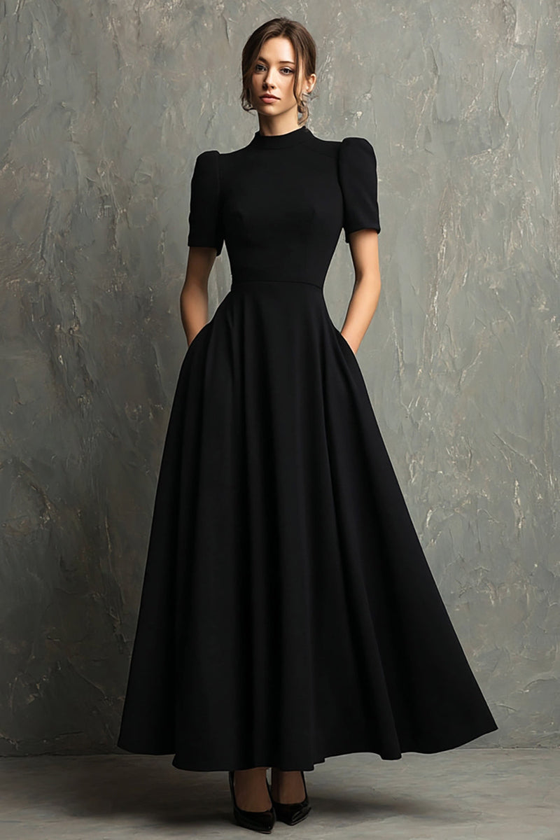 Load image into Gallery viewer, Queendancer Women Elegant Black High Neck Long Formal Dress with Pockets Short Sleeves A-Line Black Tie Dress