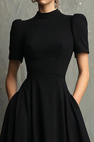 Load image into Gallery viewer, Elegant Black A-Line High Neck Short Sleeves Long Formal Dress with Pockets