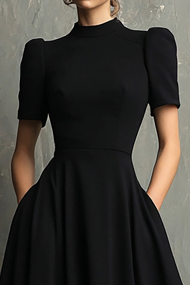 Load image into Gallery viewer, Elegant Black A-Line High Neck Short Sleeves Long Formal Dress with Pockets