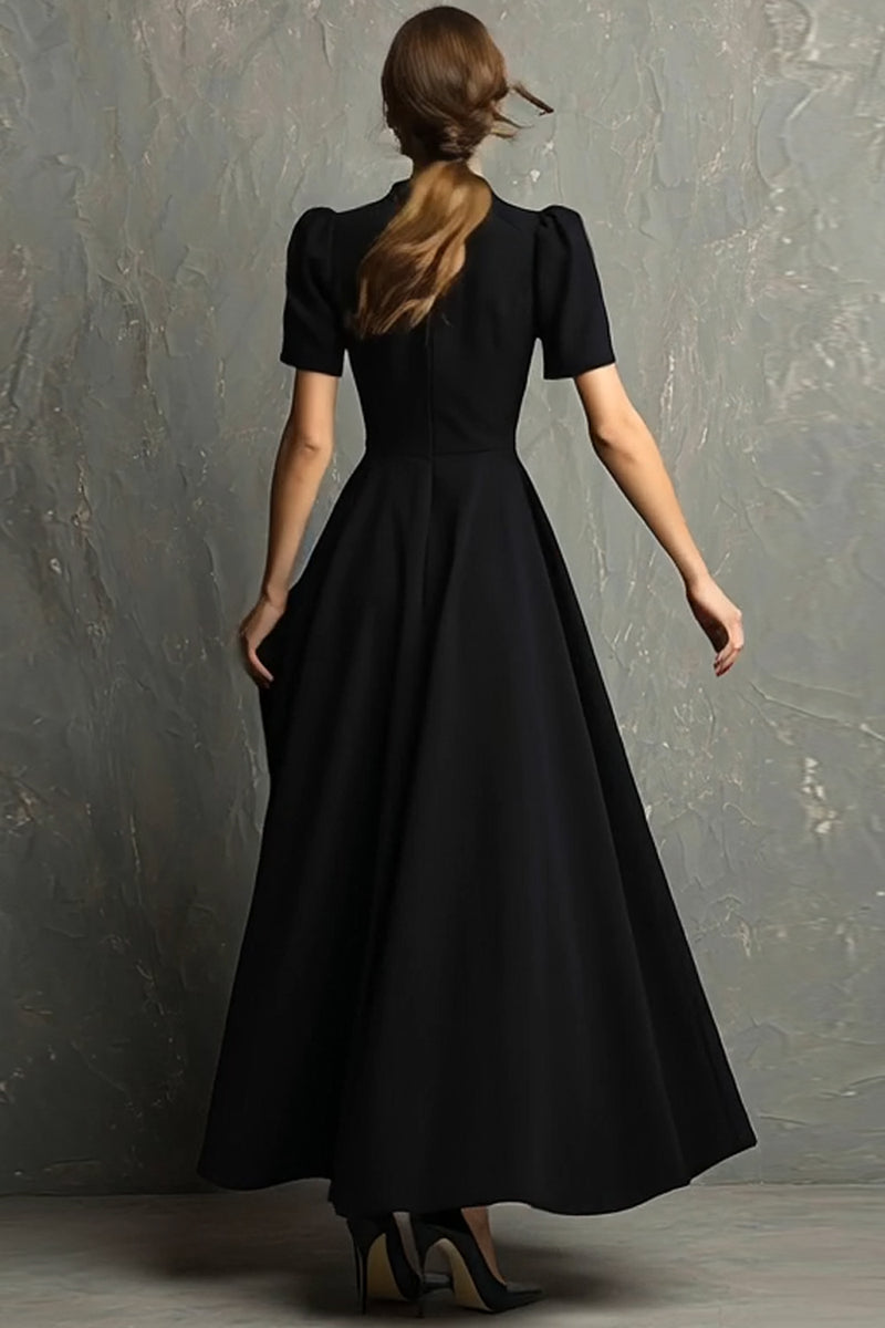 Load image into Gallery viewer, Elegant Black A-Line High Neck Short Sleeves Long Formal Dress with Pockets