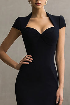 Black Pencil Sweetheart Cap Sleeves Long Formal Dress