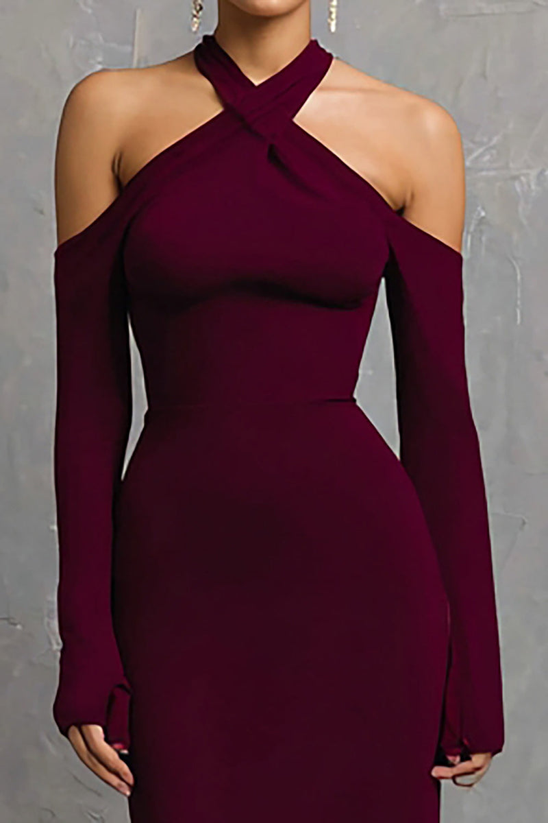 Load image into Gallery viewer, Burgundy Mermaid Halter Long Sleeves Formal Dress