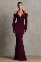 Load image into Gallery viewer, Burgundy Mermaid Halter Long Sleeves Formal Dress