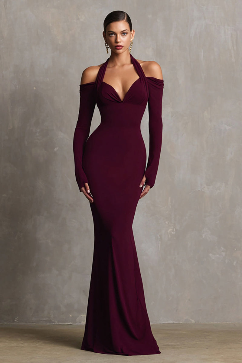 Load image into Gallery viewer, Burgundy Mermaid Halter Long Sleeves Formal Dress