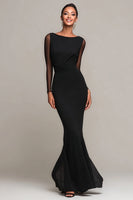 Load image into Gallery viewer, Black Mermaid Chiffon Boat Neck Long Sleeves Formal Dress