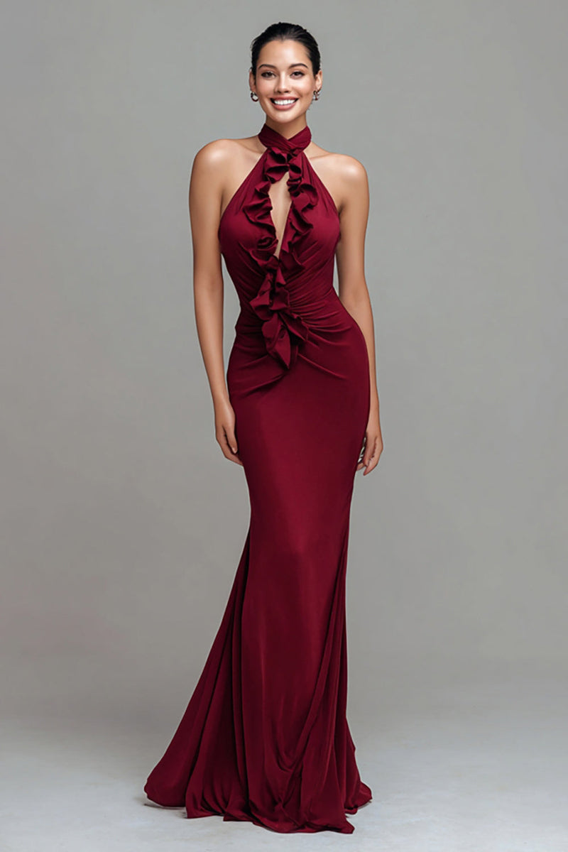Load image into Gallery viewer, Burgundy Mermaid Ruched Halter Long Formal Dress with Ruffles