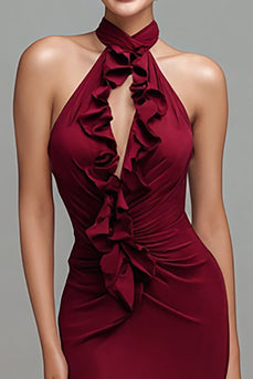 Burgundy Mermaid Ruched Halter Long Formal Dress with Ruffles