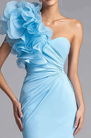 Load image into Gallery viewer, Light Blue Chiffon Mermaid Ruched One Shoulder Long Formal Dress with 3D Flower