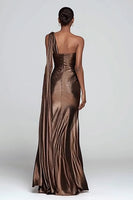 Load image into Gallery viewer, Sparkly Brown Metallic Ruched One Shoulder Long Formal Dress with Slit