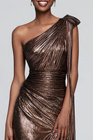 Load image into Gallery viewer, Sparkly Brown Metallic Ruched One Shoulder Long Formal Dress with Slit