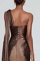 Load image into Gallery viewer, Sparkly Brown Metallic Ruched One Shoulder Long Formal Dress with Slit