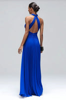 Load image into Gallery viewer, Royal Blue Mermaid Pleated High Neck Backless Long Formal Dress