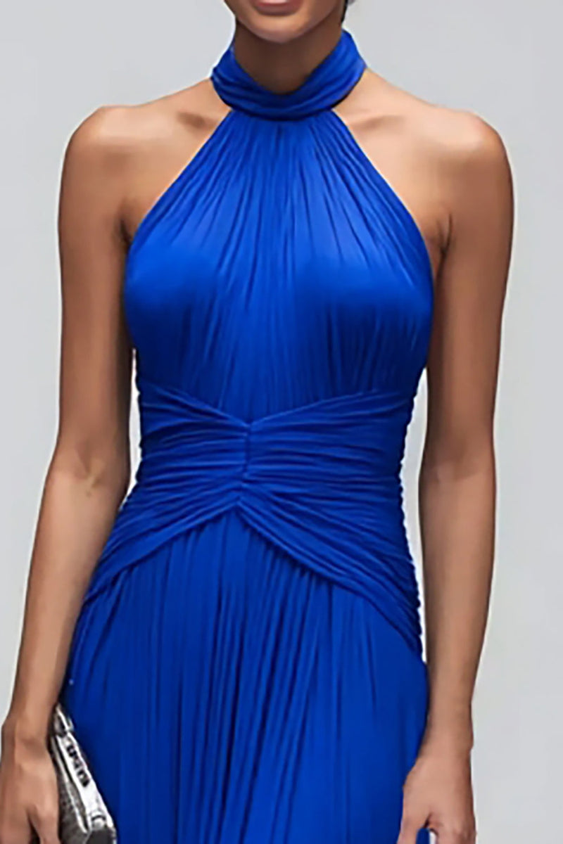 Load image into Gallery viewer, Royal Blue Mermaid Pleated High Neck Backless Long Formal Dress