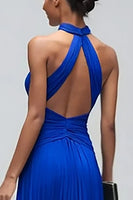 Load image into Gallery viewer, Royal Blue Mermaid Pleated High Neck Backless Long Formal Dress