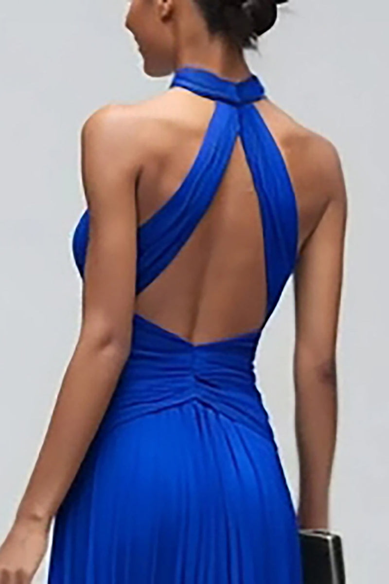Load image into Gallery viewer, Royal Blue Mermaid Pleated High Neck Backless Long Formal Dress