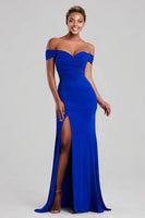 Load image into Gallery viewer, Royal Blue Chiffon Mermaid Off the Shoulder Long Formal Dress with Slit