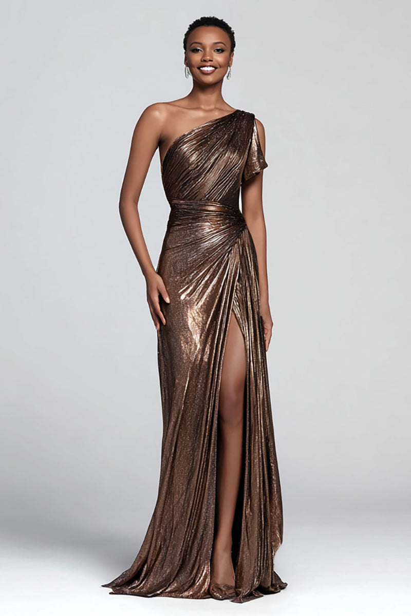 Load image into Gallery viewer, Sparkly Brown Metallic Ruched One Shoulder Long Formal Dress with Slit