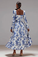 Load image into Gallery viewer, Floral Blue and White Square Neck A-Line Long Sleeves Wedding Guest Dress