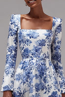 Load image into Gallery viewer, Floral Blue and White Square Neck A-Line Long Sleeves Wedding Guest Dress