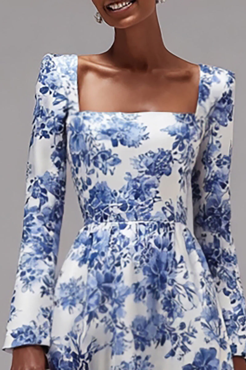 Load image into Gallery viewer, Floral Blue and White Square Neck A-Line Long Sleeves Wedding Guest Dress
