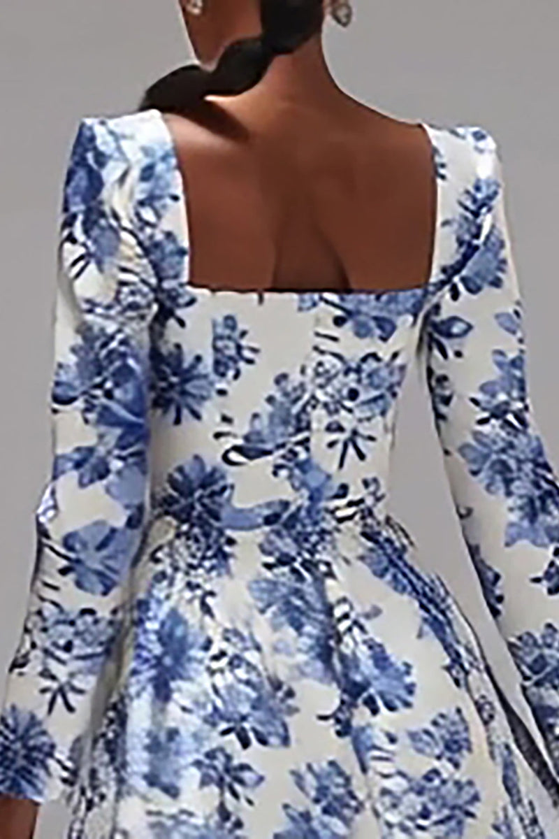 Load image into Gallery viewer, Floral Blue and White Square Neck A-Line Long Sleeves Wedding Guest Dress