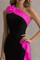 Load image into Gallery viewer, Black and Blue Satin Ruffled One Shoulder Long Formal Dress with 3D Flower