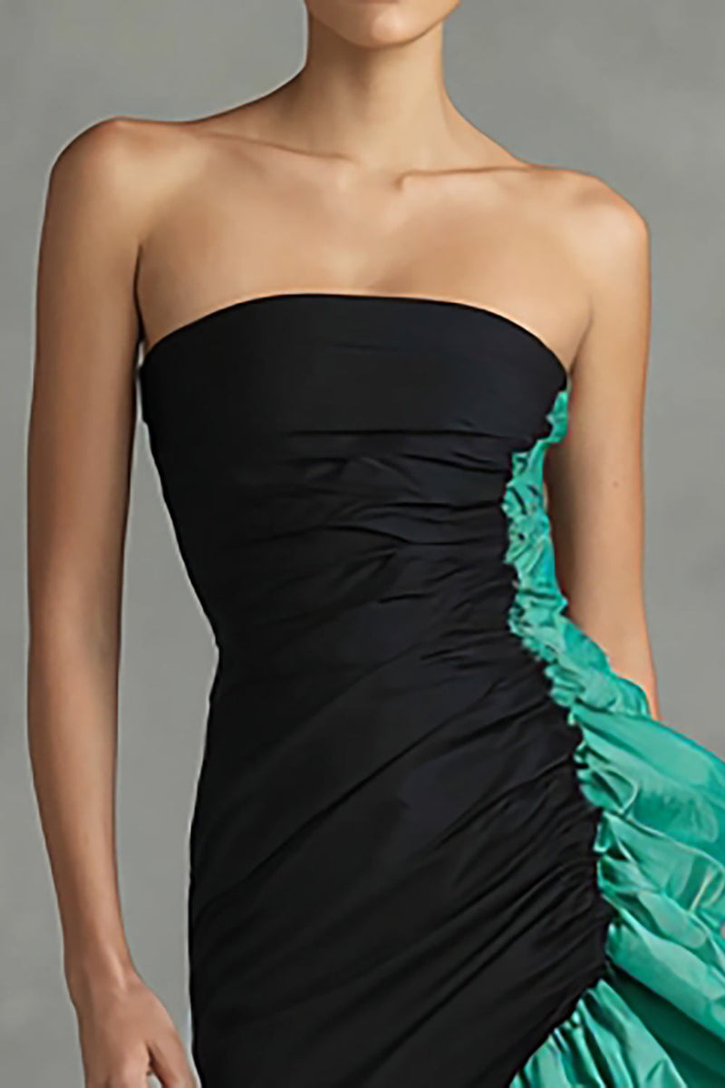 Queendancer Women Black and Green Ruched Long Formal Dress with Ruffles