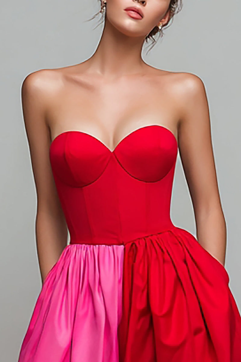Load image into Gallery viewer, Red and Fuchsia Patchwork A Line Strapless Long Formal Dress