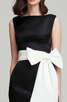 Load image into Gallery viewer, Black and White Boat Neck Mermaid Long Formal Dress with Bow