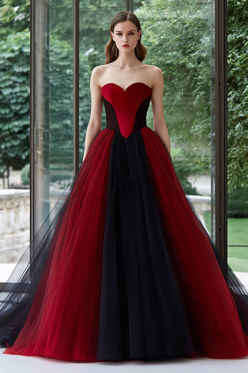 Queendancer Women Black and Red Tulle Long Formal Dress A Line Ball Gown  Sweetheart Strapless Prom Dress – queendancer