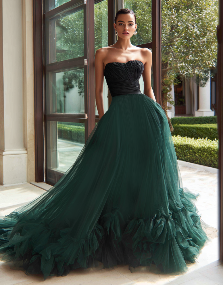 Load image into Gallery viewer, Black and Green Tulle A Line Strapless Long Formal Dress with Ruffles