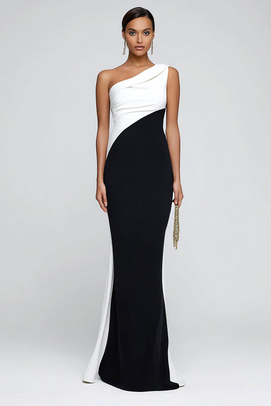 Queendancer Women Simple Black and White Satin Long Black Tie Dress One Shoulder Mermaid Patchwork Wedding Guest Dress