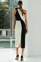 Load image into Gallery viewer, Simple Black and White Satin Patchwork Sheath Midi Formal Dress