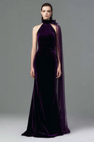 Load image into Gallery viewer, Plum Velvet High Neck Mermaid Long Holiday Party Dress with Side Cape
