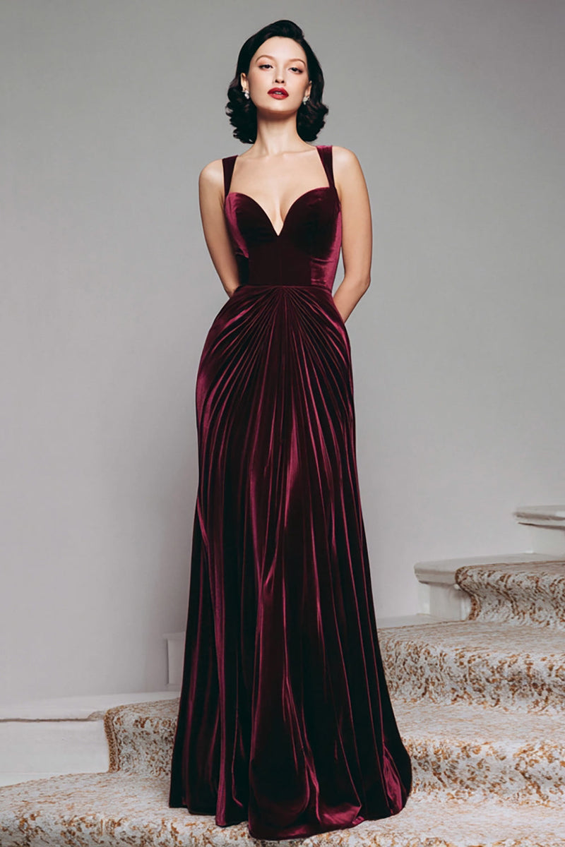 Load image into Gallery viewer, Burgundy Velvet Thick Straps Mermaid Ruched Long Holiday Party Dress