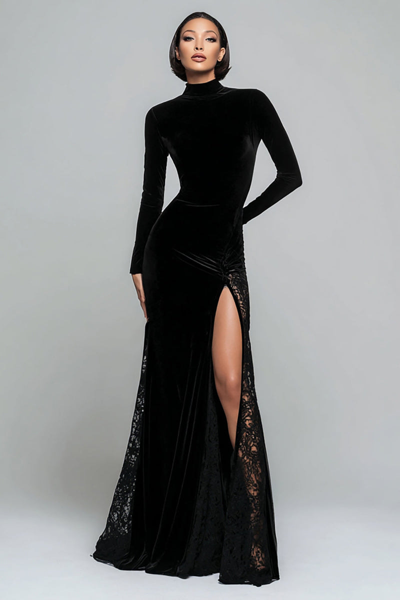Load image into Gallery viewer, Black Velvet High Neck Long Sleeves Holiday Party Dress with Slit