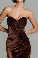 Load image into Gallery viewer, Brown Velvet Mermaid Ruched Long Corset Holiday Party Dress