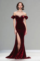 Load image into Gallery viewer, Sparkly Burgundy Velvet Off the Shoulder Long Holiday Party Dress with Beading
