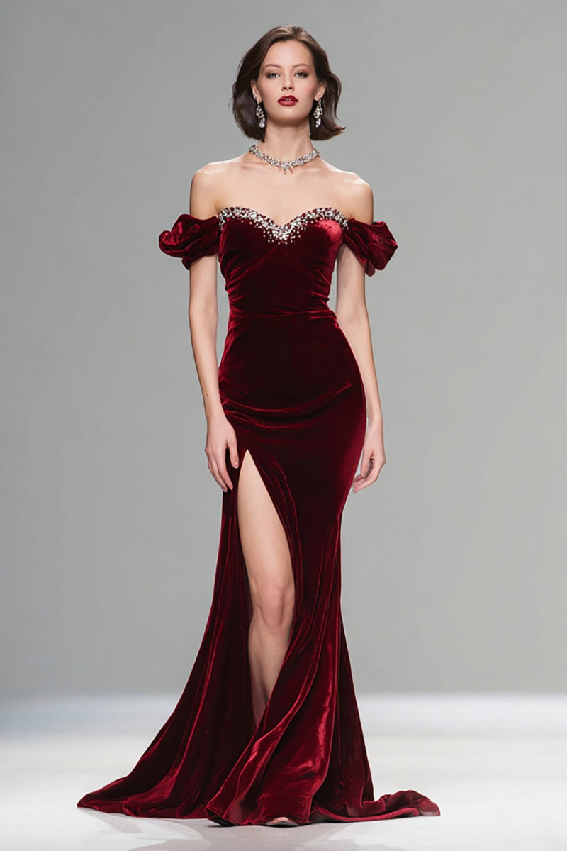 Load image into Gallery viewer, Sparkly Burgundy Velvet Off the Shoulder Long Holiday Party Dress with Beading